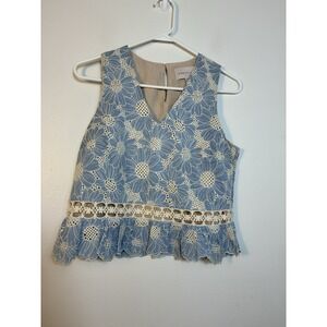 Adalyn Rae Krissa Embroidered Top Chambray Peplum Sz M Lazor Cut Zip Side Floral